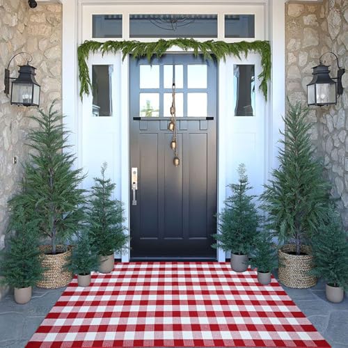 Red and White Plaid Rug Christmas Outdoor Front...