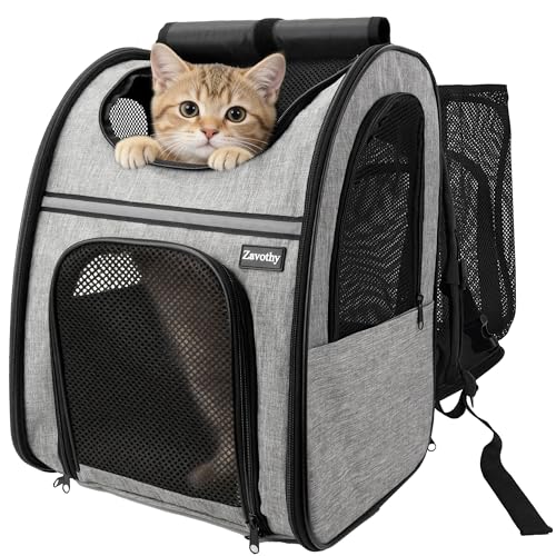 Zavothy Zaino per Cani e Gatti, Zainetto Trasportino Portatile e Pieghevole, con Finestra a Rete e Supporto Imbottito per la Schiena, Traspirante, Carico Massimo 8kg (Espandibile Grigio)