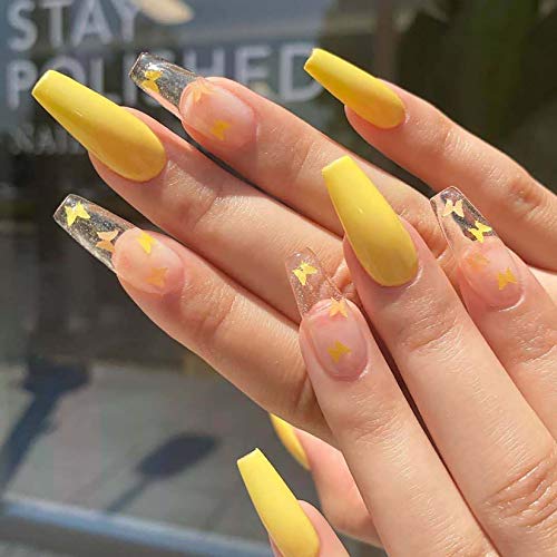 Hzacye 24 Pcs Glossy False Nails with Glue, Extra Long Press on Nails Coffin Nail Tips, Extra Long Coffin Fake Nails for Women (Yellow Butterfly)