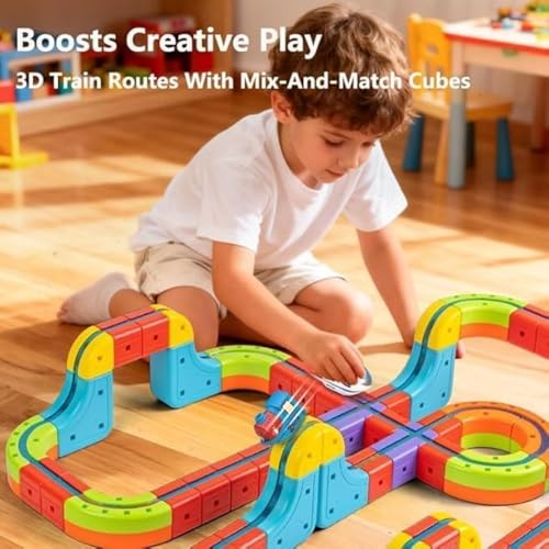 Image of Cable World Electric Train Set, 3D Infinity Track with Flexible Tracks for Kids, Cube Trackss Train- DIY Railroad Block Toys, 81 PCS Anti Gravity Race Tracksss with Car, STEM Educational Building Toy