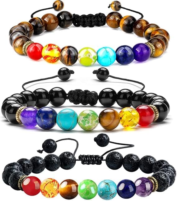 Aieraczy 7 Chakra Bracelets Women and Men, 3 Pieces Bracelets Natural Stone, Tiger Eye Bracelets, Braided Elastic Lava Yoga Beads Bracelets for Birthday and Anniversary Gifts