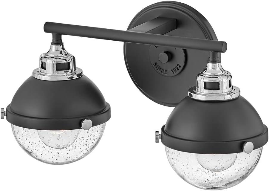 Hinkley Fletcher Two-Light Bath Vanity Fixture, Vintage Industrial Fixture, Clear Seedy Glass, Bath and Beyond, Black and Chrome