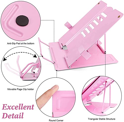 Image of Volo Portable Metal Desktop Book Stand - Adjustable Foldable Cookbook Holder for Reading, Recipes, Textbooks, and Music (Pink)