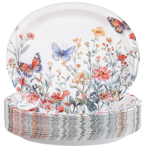 WDF 50Pack Spring oval Paper Plates butterfly - 10x12Heavy duty Disposable Floral Oval Paper Plates - Large Disposable Platters suitable for Spring/Birthday/Picnics