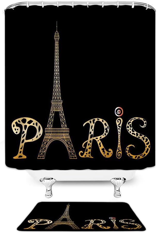 2 Pcs Eiffel Tower Shower Curtain Sets with Bath Mat,Red Lips Vintage Gold Lettering Romantic Paris France Black Modern Girls Lady 70"x 70" Bathroom Curtain with 12 Hooks and 29.5"x 17.8" Bath Rugs