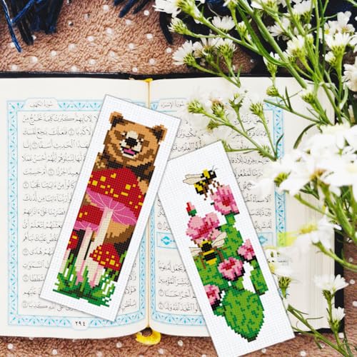 Image of BEUNITONE 6 PCS Cross Stitch Bookmark Kit for Adults Beginners,Animal and Floral Pre-Printed Cross Stitch,DIY Stamped Embroidery Bookmark Kits,with Instructions,Craft Kit for Book Lovers 8.5''x3''