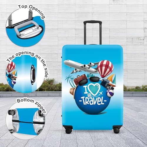 Image of inchI Love to Travel inch Luggage Cover Set, Adventure Themed Suitcase Protector with Passport Stamp Prints, Elastic Fit for 18-32 Inch Bags, Wanderlust Gifts for Couples