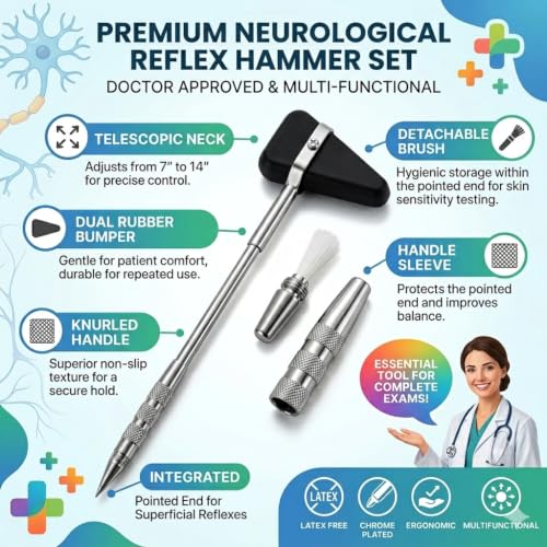 Image of Professional Goniometer Set of Physiotherapy Kit with Knee Hammer, Stainless Steel Measurement Tools, One Pair Blue Gloves, Face Mask, Marker Pen, Red Storage Case.