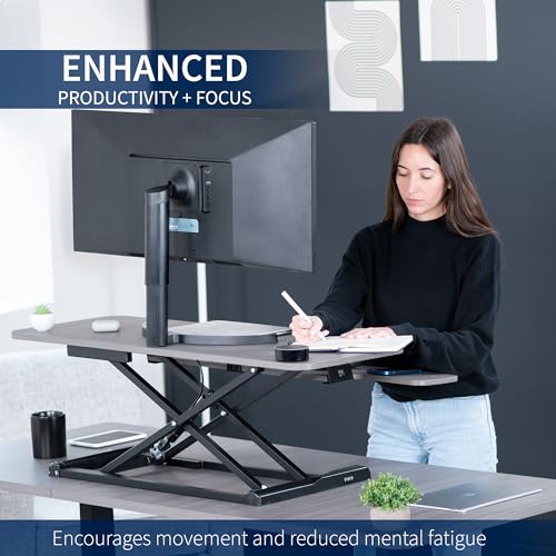 Image of VIVO 42 inch Desk Converter, K Series, Height Adjustable Sit to Stand Riser, Dual Monitor and Laptop Workstation with Wide Keyboard Tray, Gray Top, Black Frame, DESK-V042KG