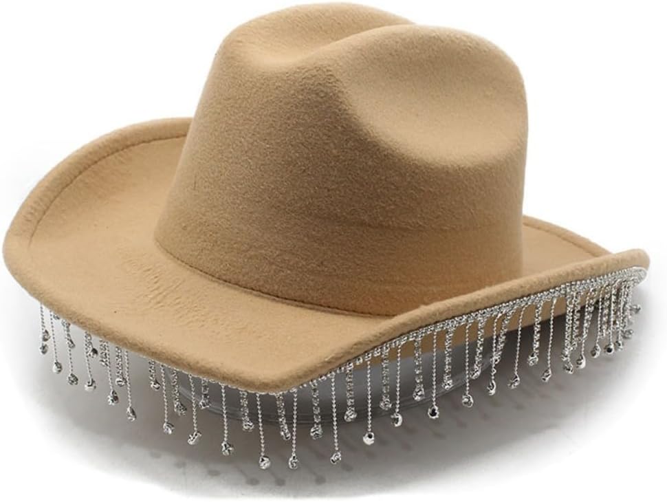 Black Felt Fedora Hat with Crystal Fringe Trim, Wide Brim, Classic Style