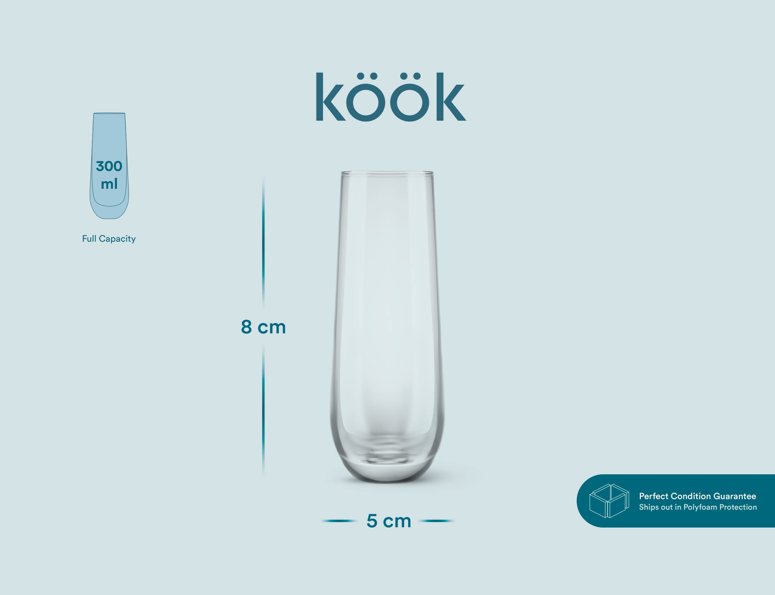 KooK Lot de 8 flûtes à champagne en verre sans pied pour rose, prosecco, mimosa, idéales pour les mariages et les fêtes, passent au lave-vaisselle, 300 ml