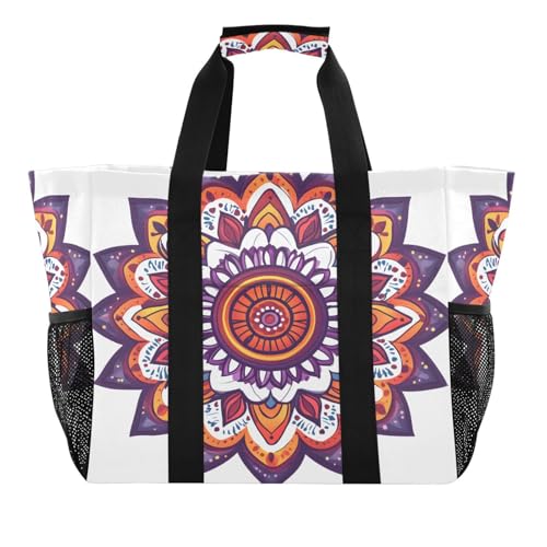 Large Waterproof Travel Tote Bag for Women Men, Floral Indian Mandala Canvas Beach Bag with Lining & Pockets - Reusable Grocery/Laundry/Kitchen/Pool/Picnic Tote (15.4x9.8x12.8in)