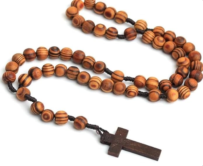 PE - Wooden Cross Fabric Catholic Rosary Chain for Men and Women, Jesus Cross Mary Christian Catholic Prayer Rosary Beads Mala Mixed Wood Colour - Pack of 1-image-24