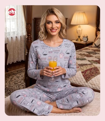 Image of ENJOYNIGHT Womens Pajama Set Cotton Pjs Long Sleeve Sleepwear with Pockets | Two Piece Crew Neck Sleep Set, Elastic Waist Long Pant, Lightweight Loungewear