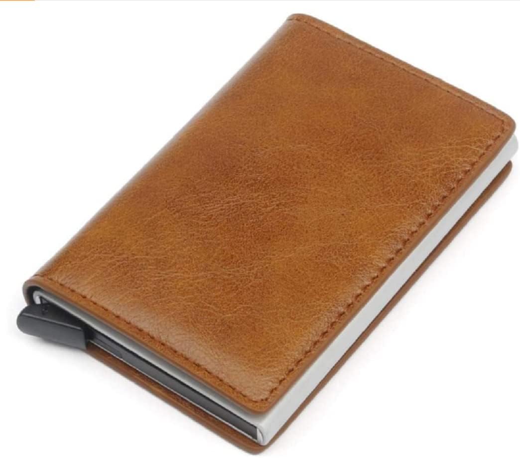 VOGARD Men's Genuine Leather Wallet | RFID Blocking Aluminum Automatic Pop Up Credit Card Holder Case | Holds up to 9 Cards (24 Tan)
