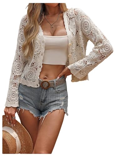 GORGLITTER Women's Crochet Lightweight Cardigans Sweater Cute Boho Fall Button Up Long Sleeve Teacher Short Cardigan