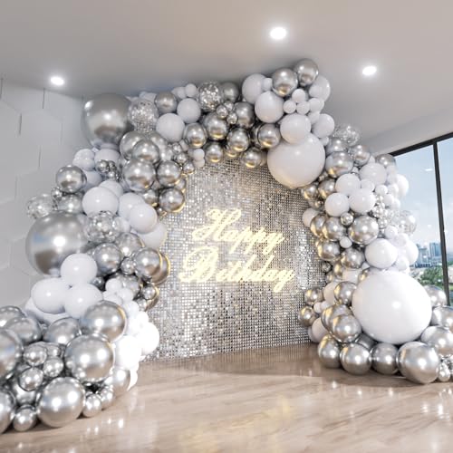 ADOINBY White and Silver Balloon Arch Kit, 140Pcs White Metallic Silver and Silver Confetti Party Balloon Garland Kit for Birthday, Wedding, Engagements, Baby Shower, Anniversary Party Decorations