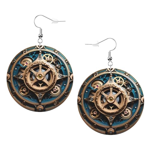 WHJWXC Boucles d'oreilles rondes en cuir pour femme - Accessoires tendance et élégants pour fêtes et vacances - Imprimé engrenages steampunk cool, taille unique, Cuir