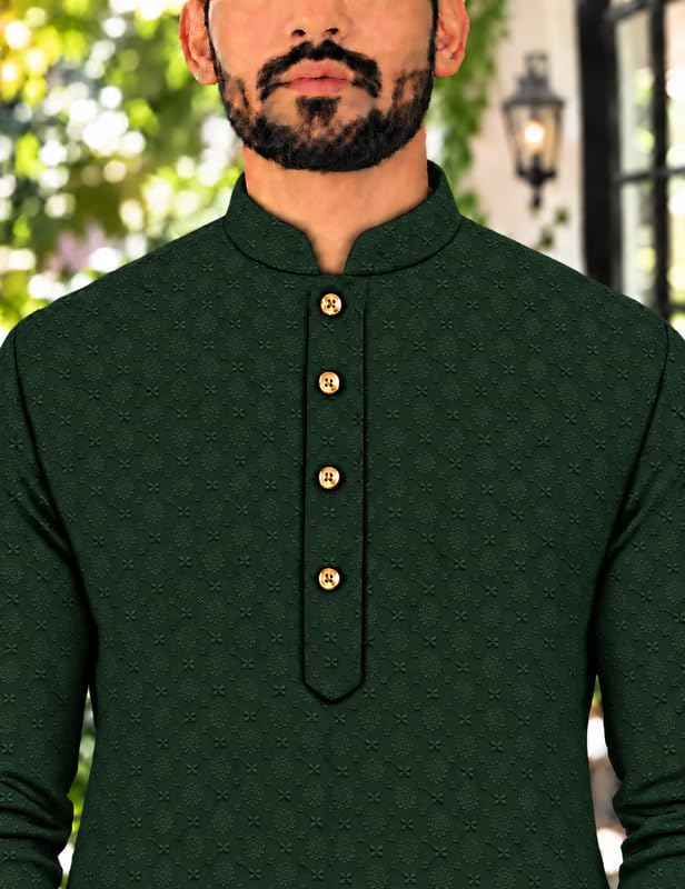 Image of Men's Lakhnawi Chikankari Kurta Set Cotton Ethnic Kurta Pajama for Men Wedding Festive Designer Indian Outfit Stylish Embroidered Kurta Set