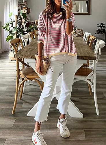 Image of Dokotoo Women's Long Sleeve Sweaters Casual Crewneck Fashion Fall Striped Color Block Shirts High Low Pullover Sweater Tops