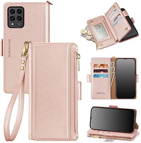 Antsturdy T-Mobile Revvl 6 Pro 5G case Wallet with Card Holder for Women Men,Revvl 6 Pro 5G Phone case RFID Blocking PU Leather Flip Shockproof Cover with Strap Zipper Credit Card Slots,Rose Gold