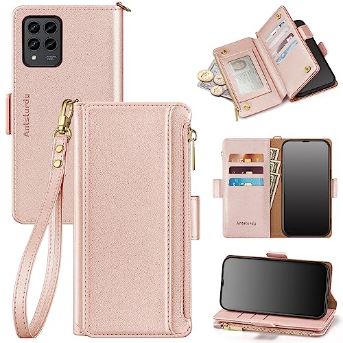 Antsturdy T-Mobile Revvl 6 Pro 5G Case Wallet With Card Holder For Women Men,Revvl 6 Pro 5G Phone Case Rfid Blocking Pu Leather Flip Shockproof Cover With Strap Zipper Credit Card Slots,Rose Gold #TOP17