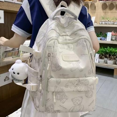 Cute Aesthetic Backpack Kawaii Bear Backpack with Cute Pendant Casual Daypack Travel Bookbag Large Capacity (White)4