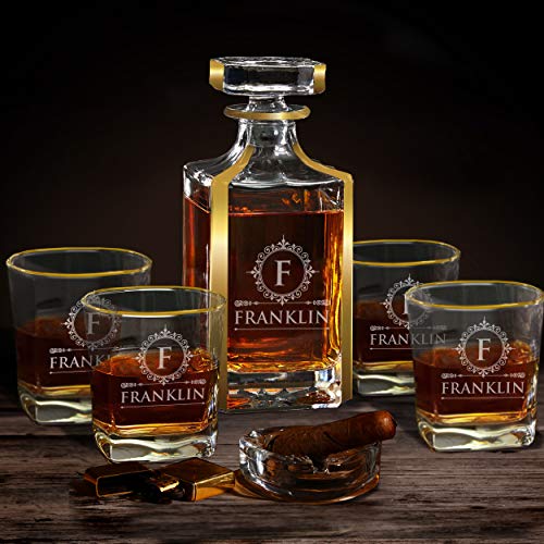 Custom Personalized Whiskey Decanter and Matching 4 Glasses Set - Bottle and Glasses with Gold Trim and Accents - Image 4