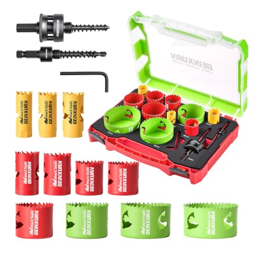 Geinxurn Set de 13 Sierras Corona 19-76mm, Corona Bimetal HSS, con Broca Centradora, Vástago Hexagonal 7/16" y 3/8" y Llave Allen, para Madera, Plásticos y Placo.