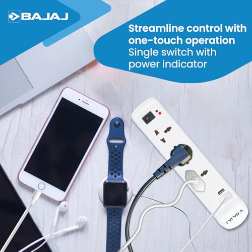 Image of Bajaj 3 Way Spike and Surge Guard with 2 USB | 3 Meter Long Cable | 3-Pin Universal Sockets | Fire Retardant Cable | 6 Months - Warranty (Pack of 1, White)