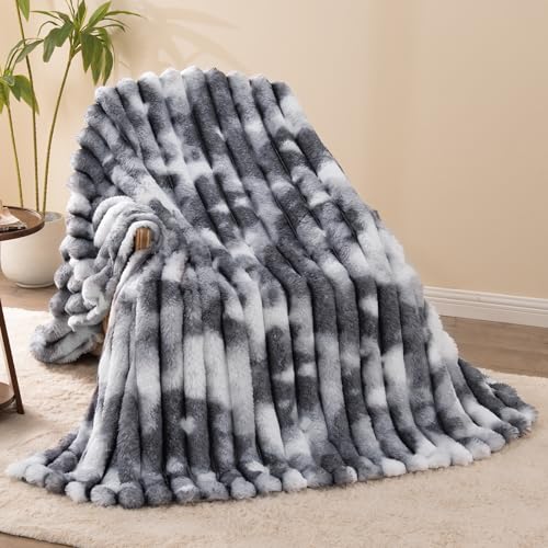 Vamcheer Couverture de Canapé Chaud - Plaid Canape Grande Taille, Couvre Lit Super Doux, Jete de Canape Léger,Fausse Fourrure de Lapin, Tie-Dye Gris