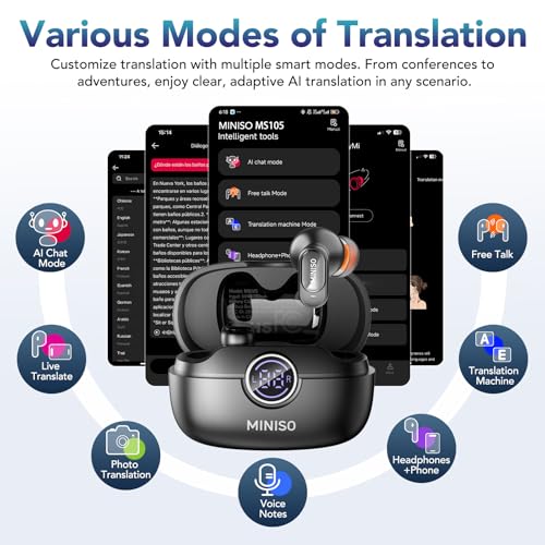 Image of MINISO MS105 AI Translation Earbuds Real Time, Translator Earbuds Support 134 Languages with APP, Bluetooth 6.0 Translator Headphones Compatible with iOS & Android, for Travel Business(Purple)