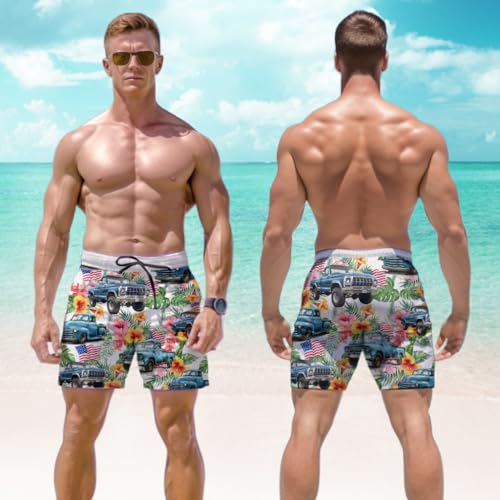 Transportation Vehicles Men's Swim Trunks - 4th of July Mens Swim Trunks with Mesh Lining Swimwear Bathing Suits Set 463