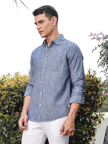 Image of Thomas Scott Men's | Solid | Premium Linen Blend | Spread Collar | Summer Wear | Long Sleeve | Shirts for Men