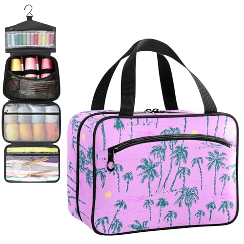 YNNALE Sewing Supply Organizer Bag, Purple Hawaii Palm Tree Sun Print Portable Sewing Bags with Pockets&Hanger, Sewing Storage Box Case for Sew Supplies/Kit/Tools/Accessories (BAG ONLY)
