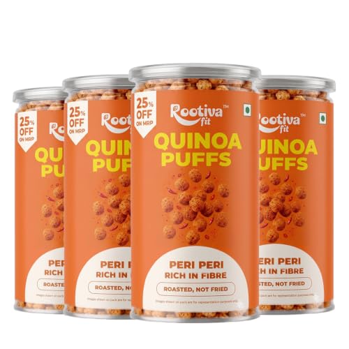 Image of ROOTIVAFIT Quinoa Puffs Peri Peri Flavour, Roasted Not Fried, Rich in Fibre, Ready-to-Eat Snack, 80 g Each, Pack of 4