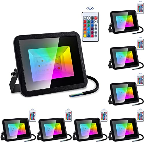 Ikodm 8x Foco RGB LED con control remoto 50W, regulable, impermeable para exteriores, cambia de color con 16 colores, 5 modos, función de memoria, para la decoración navideña de la etapa de Halloween Cover