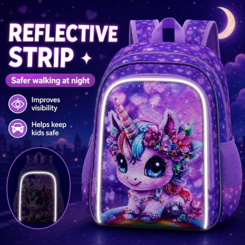 Image of 16 inch Unicorn Backpack for Girls, 3Pcs Rainbow Kids Backpacks with Lunch Box, School Bookbag for Elementary Preschool Kindergarten (Purple)