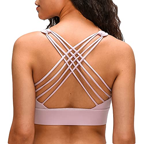 Lemedy Women Cross Back Sports Bra Fitness Yoga Strappy Longline Crop Tank Top (Grey Pink, S)