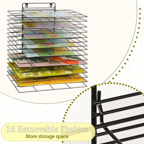 Image of Art Drying Rack for Classroom Paint Drying Rack Small Wall Art Storage Rack with 16 Removable Shelves for Classrooms and Art Studios (Black, 16 Shelves)