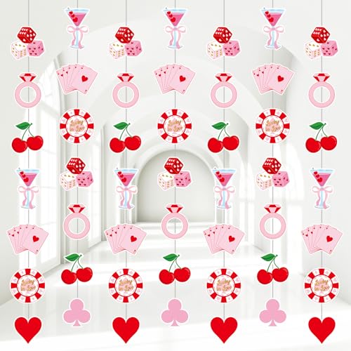 Pajean 8 Pcs Lucky in Love Decorations Bachelorette Garland Banner Cocktail Playing Card Poker Chip Dice Cherry Ring Cutouts Red Pink Gold Hanging Streamers for Valentines Photo Prop Backdrop Supplies
