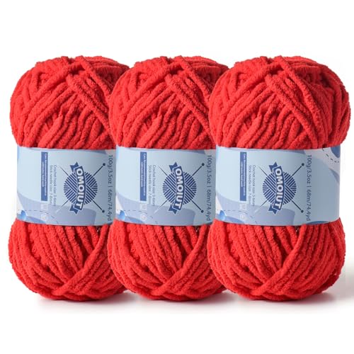 Image of 3 Pack Chunky Chenille Yarn for Crocheting, Baby Yarn for Crocheting Soft Blankets, Bulky Yarns for Crochet Amigurumi, 300g (223yds) Fluffy Velvet Yarns for Hand Knitting (3 Bright Red)