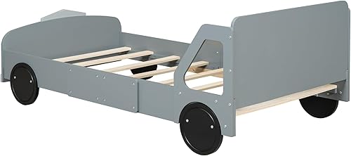 Miniatura 58 de Cama de plataforma en forma de auto de carreras con ruedas, cama de plataforma de madera tamaño individual con barandilla, cama de plataforma para