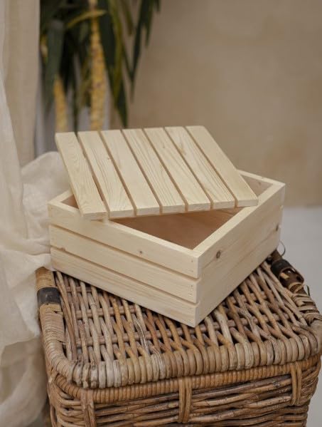 Image of Premium Square Pine Wood Storage Box with Lid - Rustic Covered Wooden Crate for Storage, Gift Hampers & Home Decor - Multiple Square Sizes (Small - 15 x 15 x 8 cm)