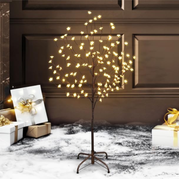 Fencer Wire 4 Feet Premium Full Artificial Cherry Blossom Tree w/ 136 LED Lights, Adjustable Brown Branches & Foldable Stand, Fake Sakura Tree w/Lights for Indoor, Lighted Faux Cherry Blossom Tree