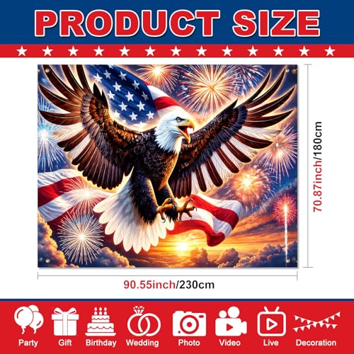 Image of BlissYard 4th of July Backdrop 8x6ft Patriotic Eagle Decorations American Flag Fireworks Banner Independence Day Party Decor for Outdoor Indoor Yard Photo Booth Red White Blue Stars Stripes
