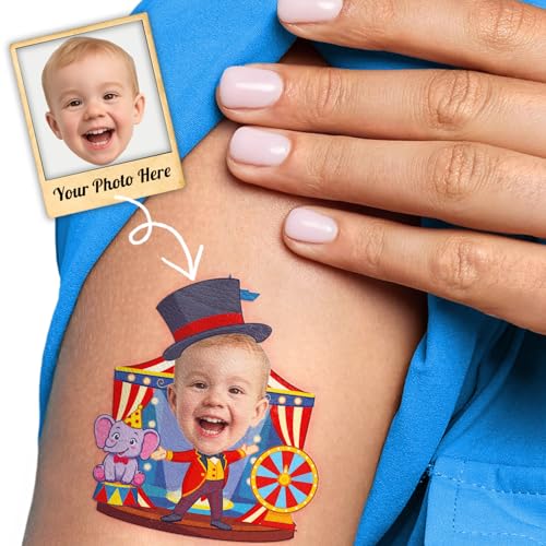 Image of Custom Carnival Circus Clown Temporary Tattoos for Kids, Set of 20 | Personalized Pre-Cut Face Photo, Birthday Party Favors, Boys Girls, Carnival Lovers