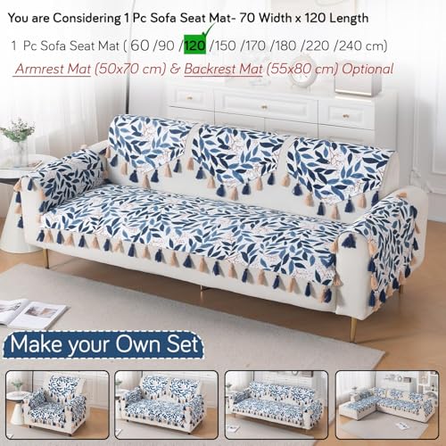 Image of HOKIPO Printed Holland Velvet Sofa Cover with Tassel for 1 /2 /3 Seater & L Shape Sofa | Make Your Own Set, 'Whispers of Nature' Sofa Mat, 70(W) x 120(L) cm, Indigo Foliage (NEW-IN-1119-D10)