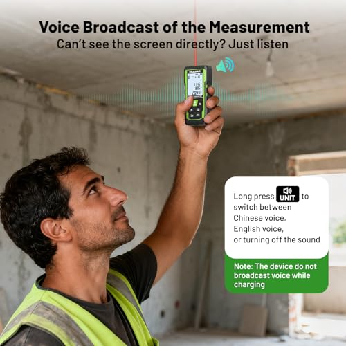 Image of Laser Measuring Tool 3-in-1, Huepar 165 Ft Laser Measure & 33 Ft Green Cross Line Laser Level & 6.5 Ft Tape Measure, Rechargeable, Voice Broadcast, Multi-Mode, Rugged for Construction&Home Use, SW-T50