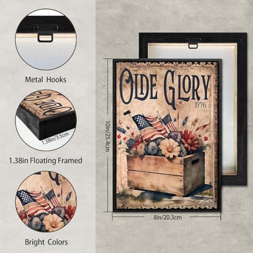 Image of American Flag Framed Canvas Wall Art, 4th of July Floral Canvas Prints, 1776 American Flag Patriotic Decorations, Vintage Independence Day Wall Decor for Bedroom Living Room Dining Room Office 8x10